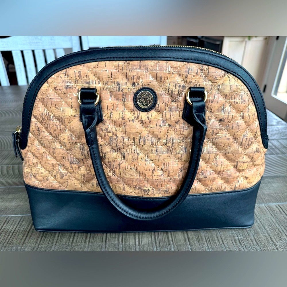 Anne Klein Jinger Quilted Cork & Black Faux Leather Handbag Purse